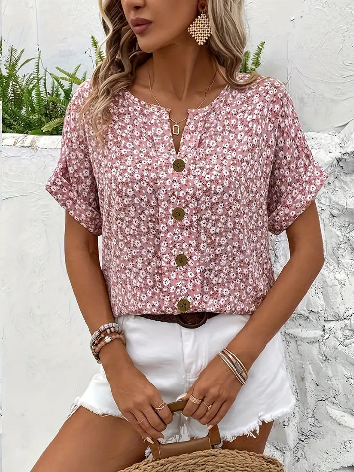 Women's Floral Print Notch Neck Summer Top-Omni Prime Goods