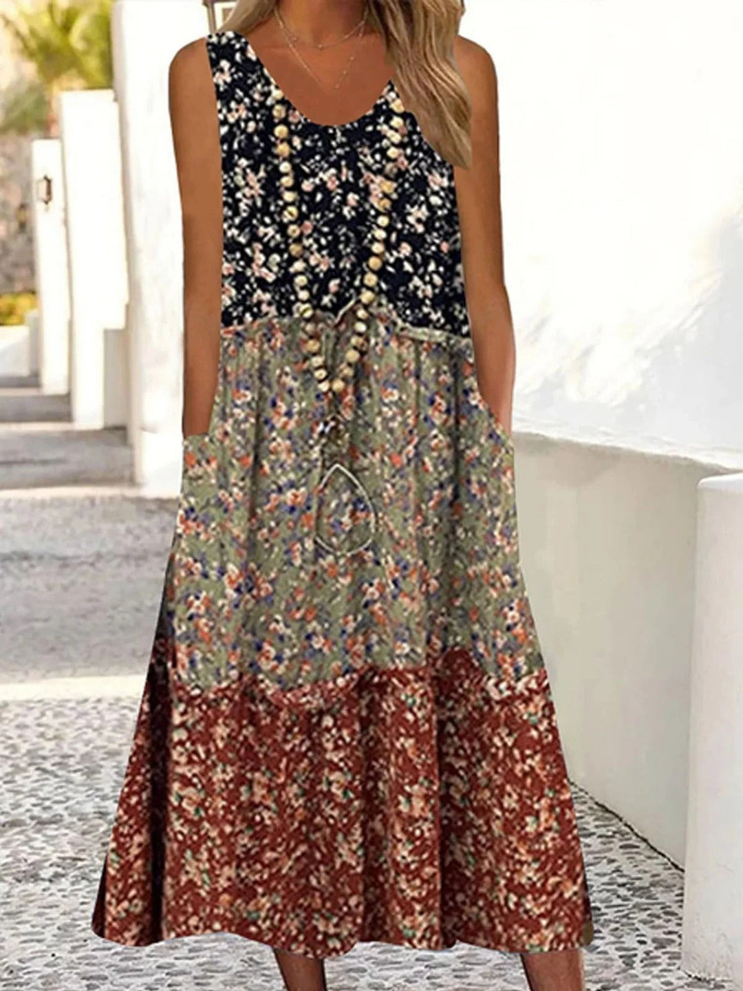 Women's Floral Print Sleeveless Midi Dress for Summer-Omni Prime Goods