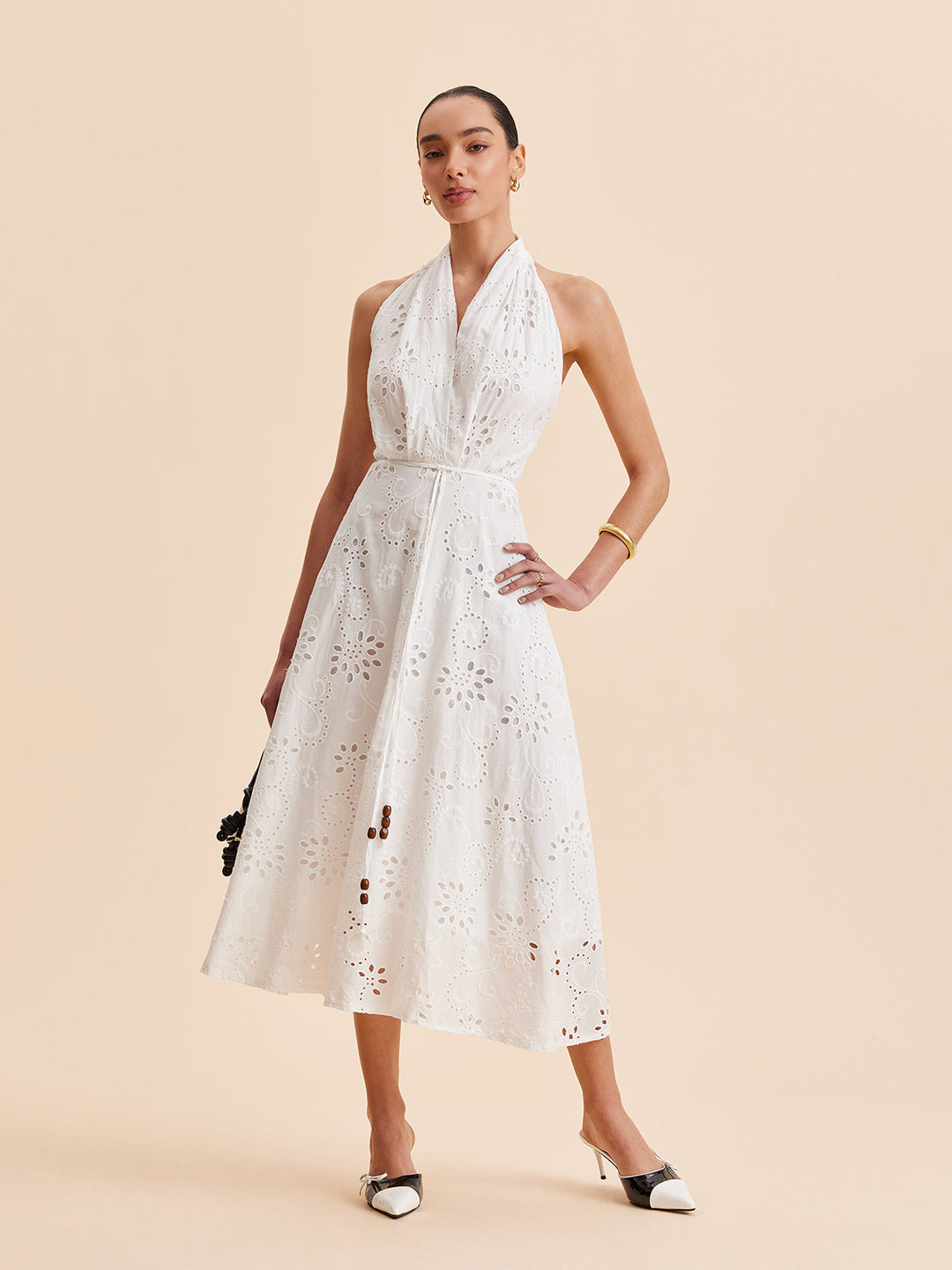 Women's Halter Neck Eyelet Belted Midi Dress for Stylish Summer Wear-Omni Prime Goods