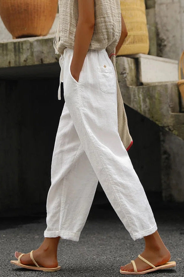 Women's High Rise Straight Leg Summer White Trousers-Omni Prime Goods