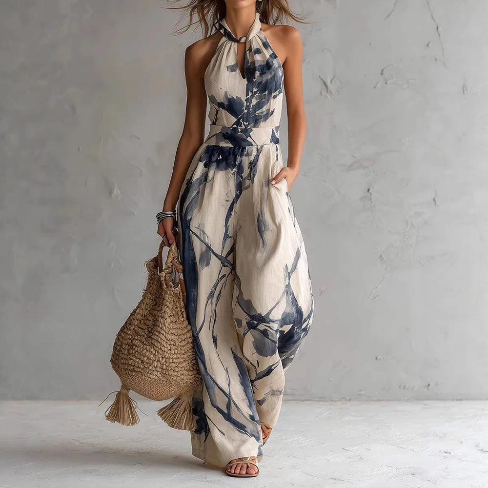 Women's High-Waist Halter Neck Flowy Jumpsuit-Omni Prime Goods
