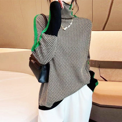 Women's High-neck Striped Sweater with Contrast Design-Omni Prime Goods