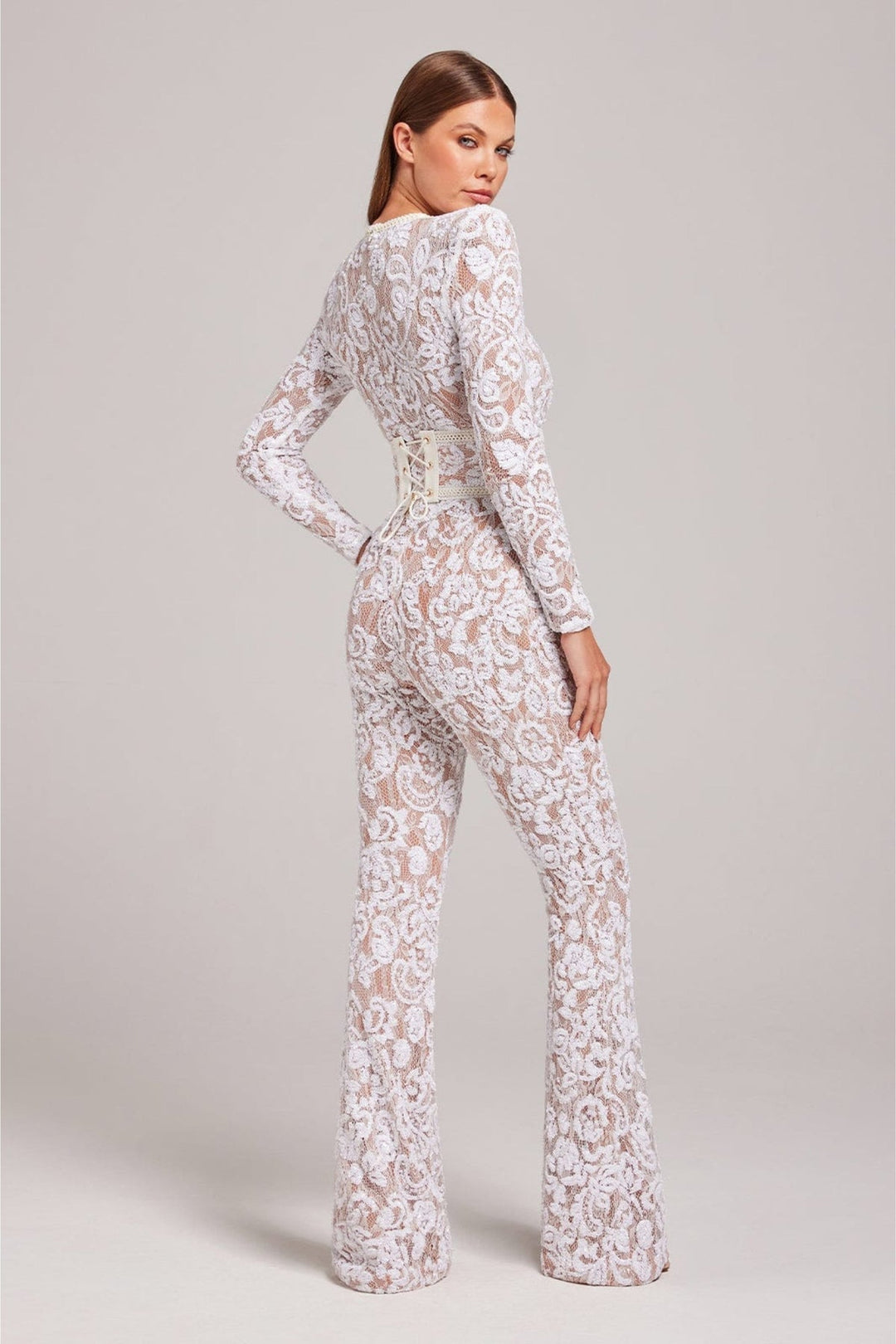 Women's Long Sleeve Lace Jumpsuit with Belted Design-Omni Prime Goods