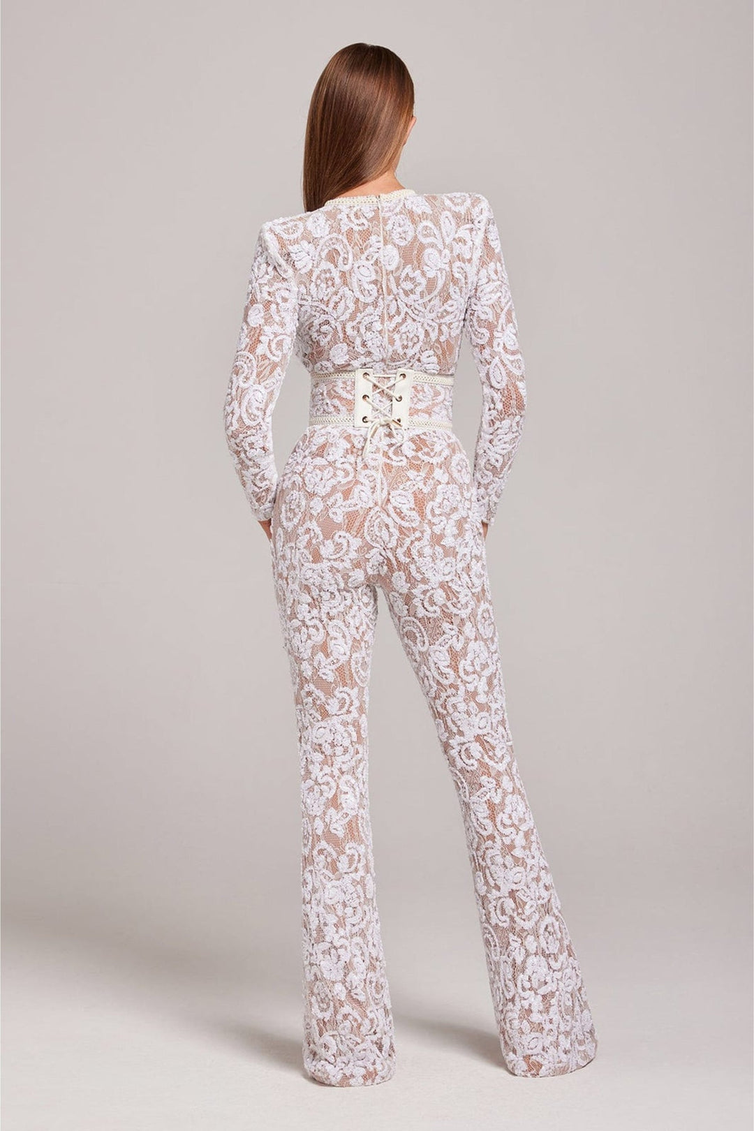 Women's Long Sleeve Lace Jumpsuit with Belted Design-Omni Prime Goods