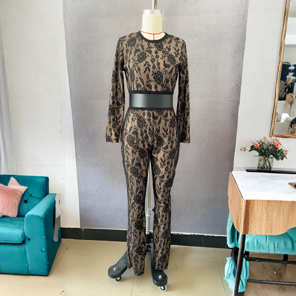 Women's Long Sleeve Lace Jumpsuit with Belted Design-Omni Prime Goods