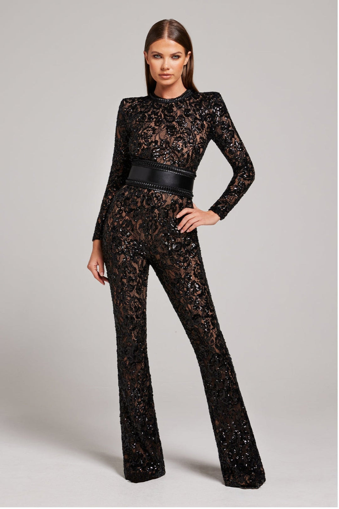 Women's Long Sleeve Lace Jumpsuit with Belted Design-Omni Prime Goods