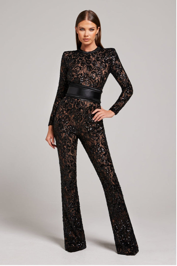 Women's Long Sleeve Lace Jumpsuit with Belted Design-Omni Prime Goods