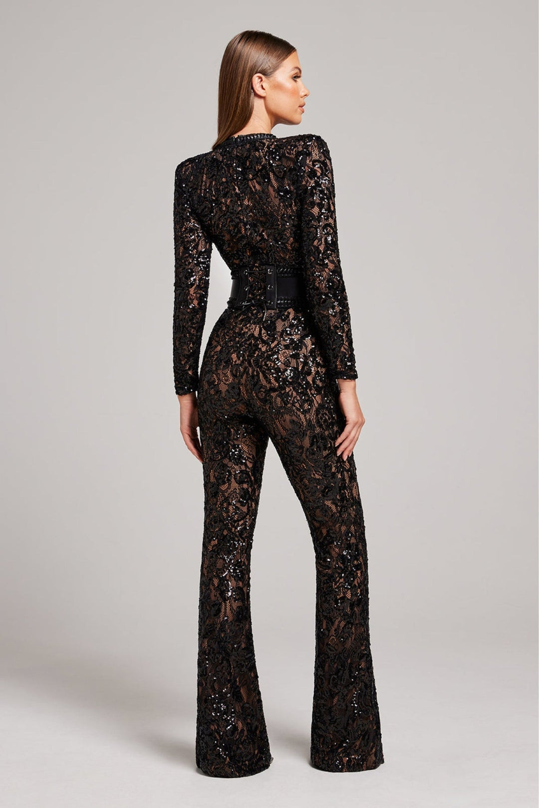 Women's Long Sleeve Lace Jumpsuit with Belted Design-Omni Prime Goods