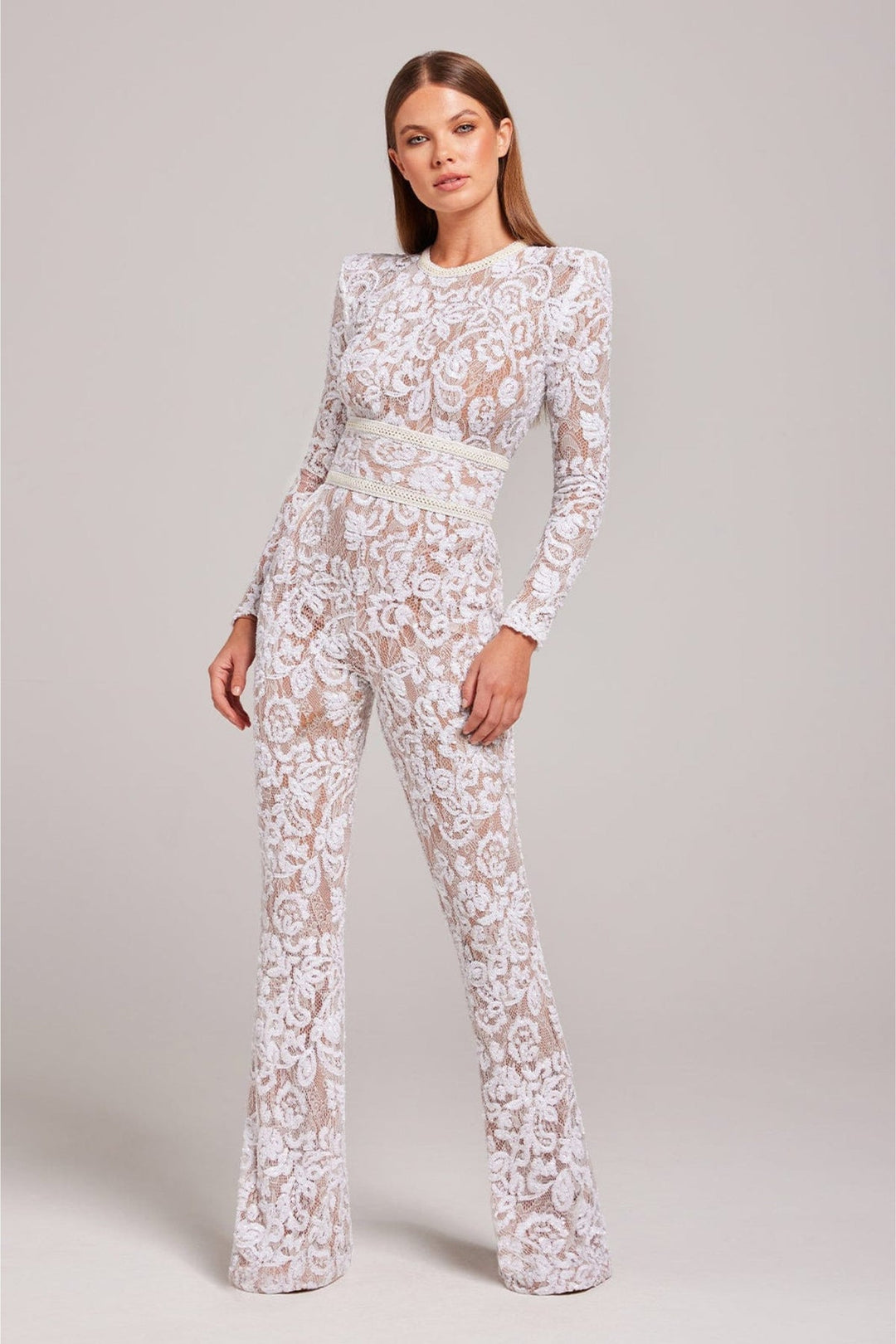 Women's Long Sleeve Lace Jumpsuit with Belted Design-Omni Prime Goods