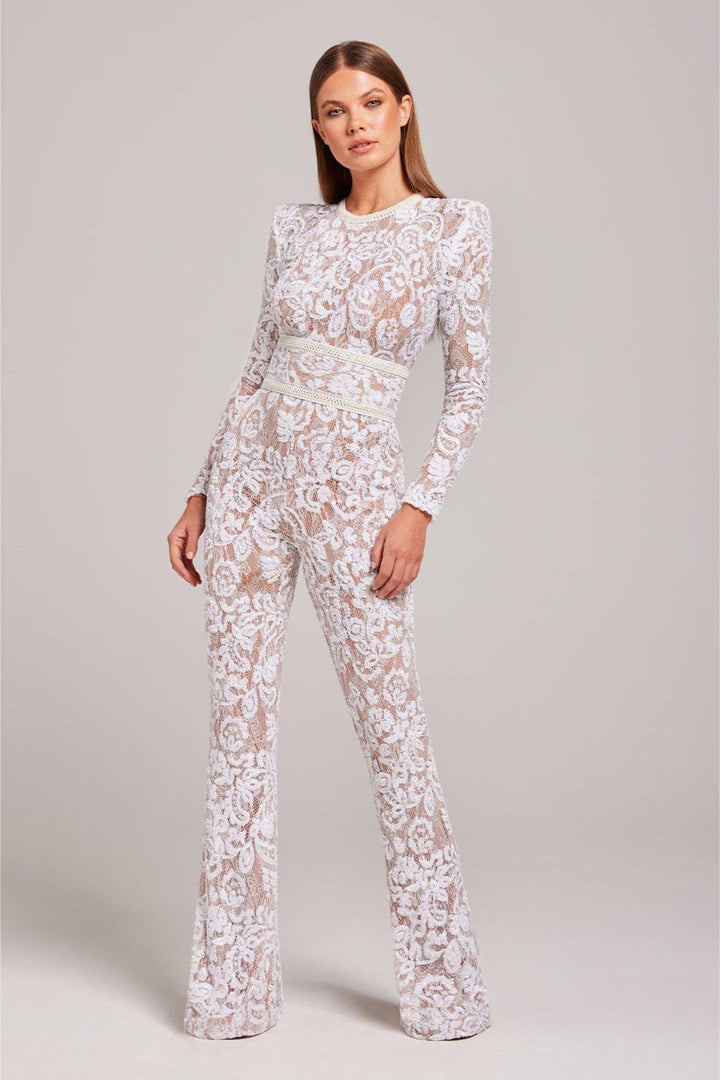 Women's Long Sleeve Lace Jumpsuit with Belted Design-Omni Prime Goods