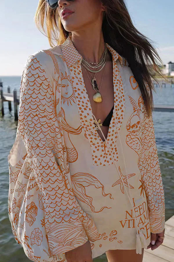 Women's Long Sleeve Printed V-Neck Two Piece Outfit-Omni Prime Goods