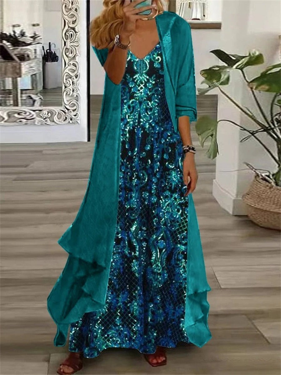 Women's Metallic Floral Maxi Dress in Blue-Omni Prime Goods