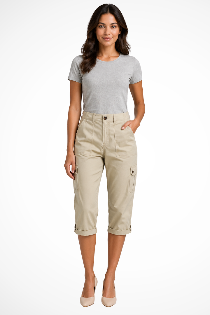 Women's Multi Pocket Cropped High Rise Cargo Trousers-Omni Prime Goods