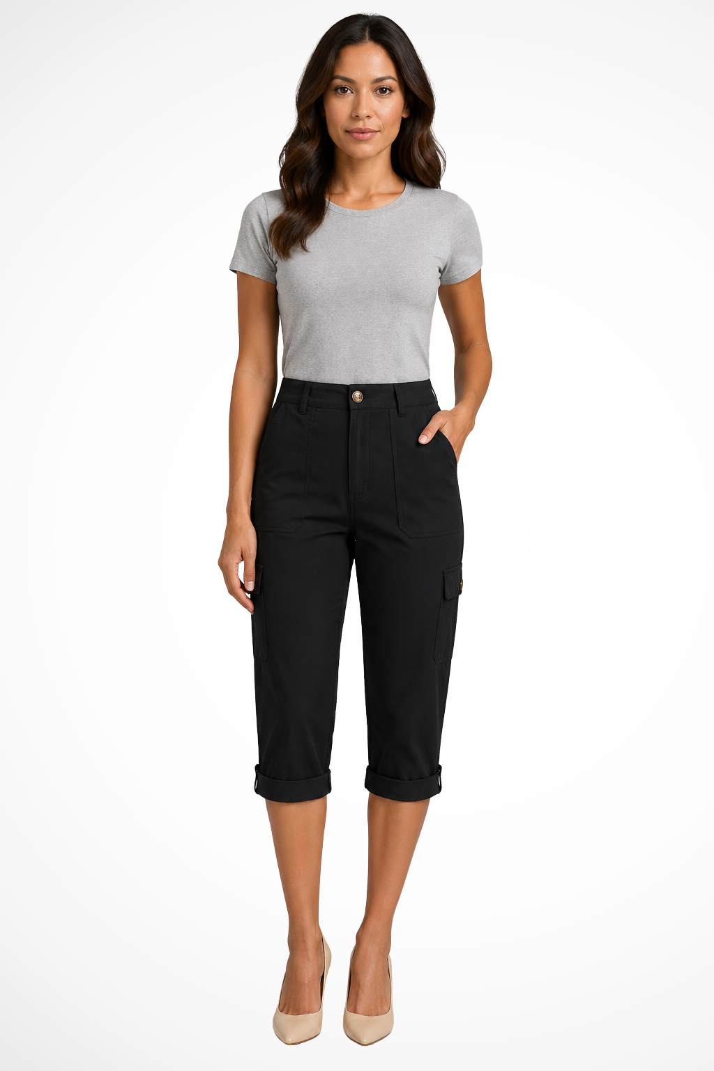 Women's Multi Pocket Cropped High Rise Cargo Trousers-Omni Prime Goods