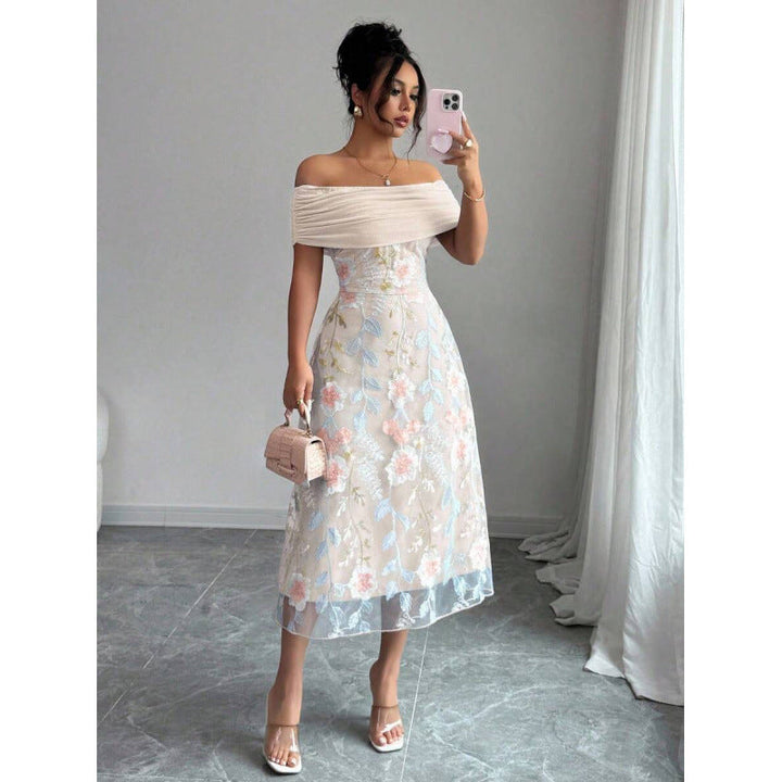Women's Off Shoulder Pleated Mesh Panel Midi Party Dress-Omni Prime Goods