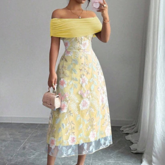 Women's Off Shoulder Pleated Mesh Panel Midi Party Dress-Omni Prime Goods