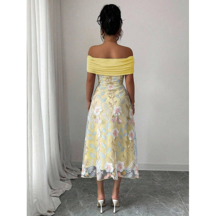 Women's Off Shoulder Pleated Mesh Panel Midi Party Dress-Omni Prime Goods