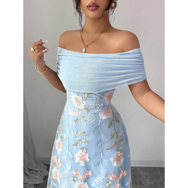 Women's Off Shoulder Pleated Mesh Panel Midi Party Dress-Omni Prime Goods