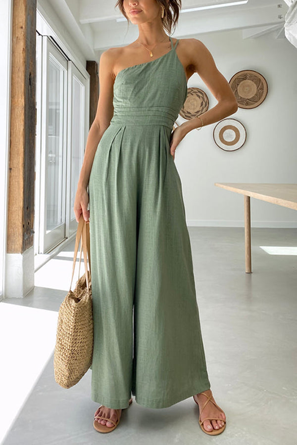 Women's One-Shoulder Jumpsuit with Wide-Leg Trousers-Omni Prime Goods