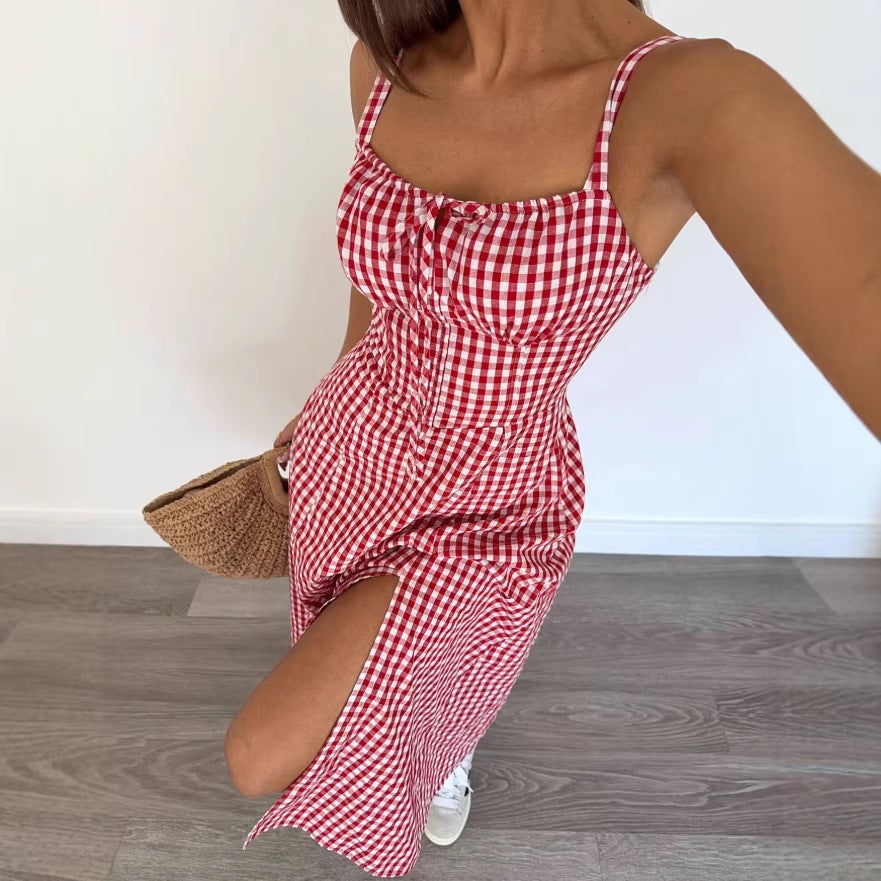 Women's Plaid V-Neck Sleeveless Midi Dress for Casual Summer Wear-Omni Prime Goods