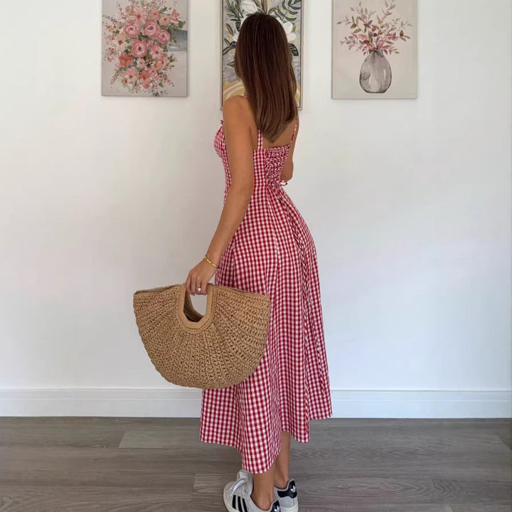 Women's Plaid V-Neck Sleeveless Midi Dress for Casual Summer Wear-Omni Prime Goods