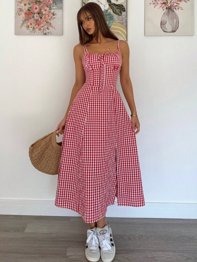 Women's Plaid V-Neck Sleeveless Midi Dress for Casual Summer Wear-Omni Prime Goods