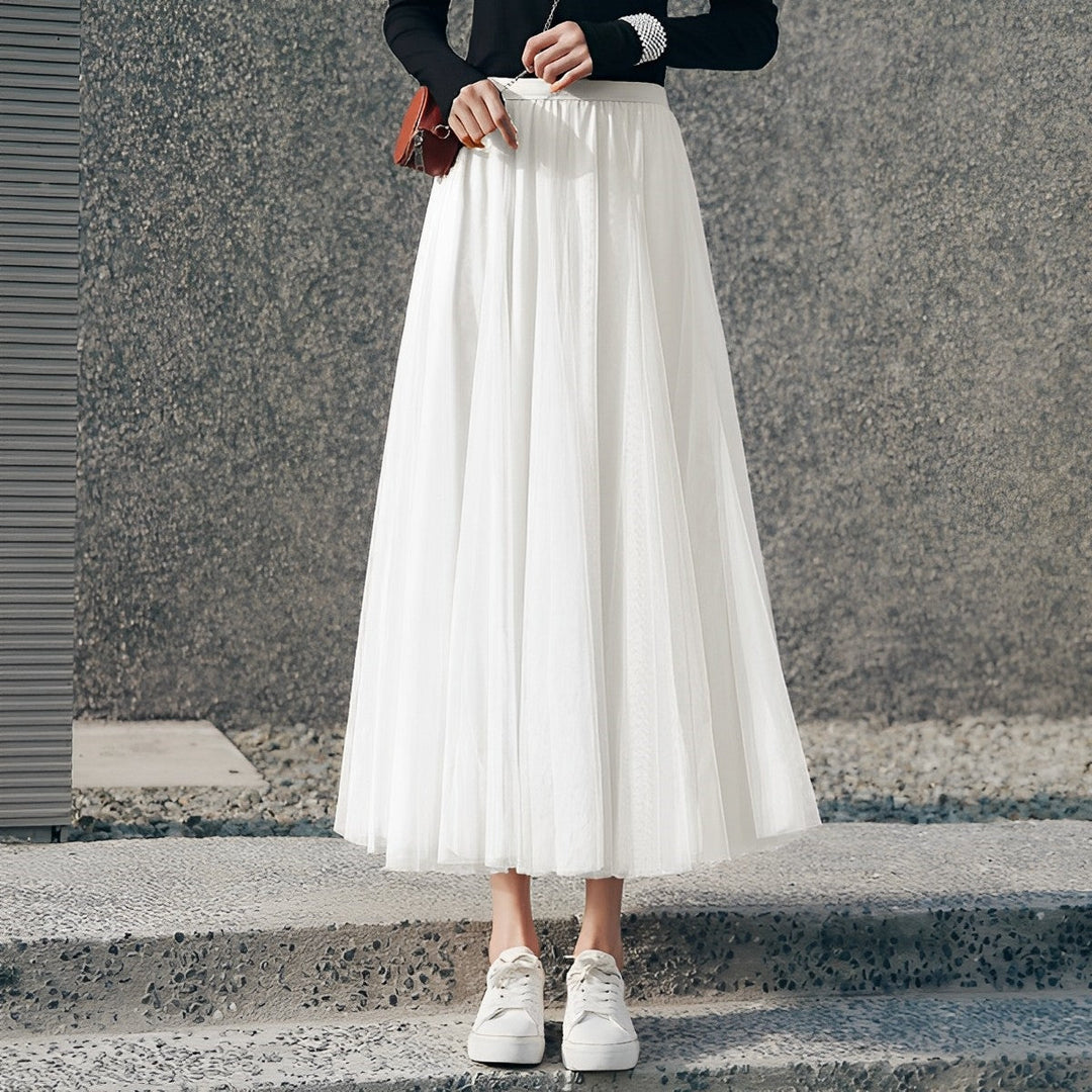 Women's Pleated Midi Skirt in Mesh Fabric-Omni Prime Goods