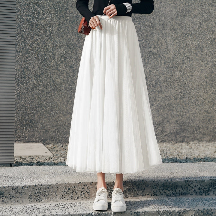 Women's Pleated Midi Skirt in Mesh Fabric-Omni Prime Goods