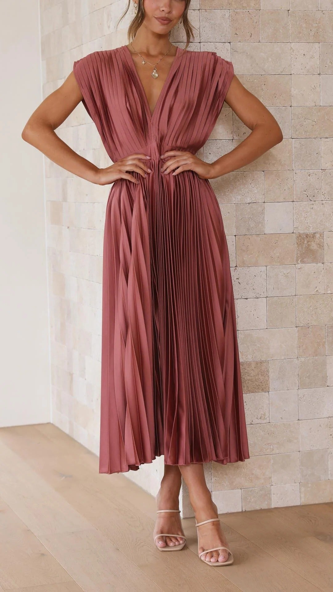 Women's Pleated V-Neck Long Dress-Omni Prime Goods