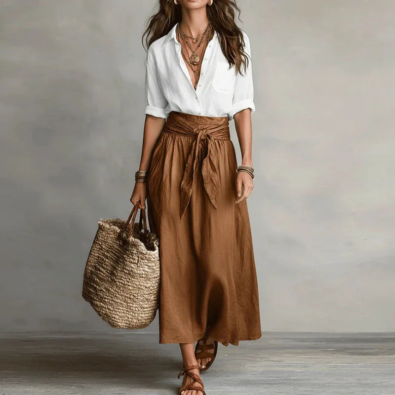 Women's Pointed Collar Waist Tie Summer Two Piece Set-Omni Prime Goods