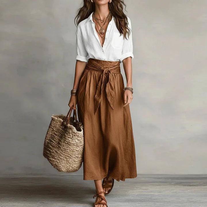 Women's Pointed Collar Waist Tie Summer Two Piece Set-Omni Prime Goods