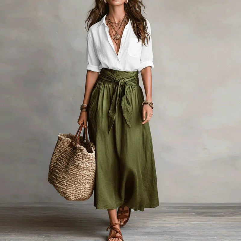 Women's Pointed Collar Waist Tie Summer Two Piece Set-Omni Prime Goods