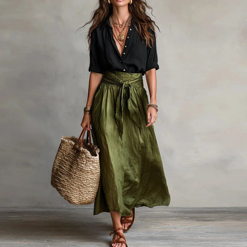 Women's Pointed Collar Waist Tie Summer Two Piece Set-Omni Prime Goods