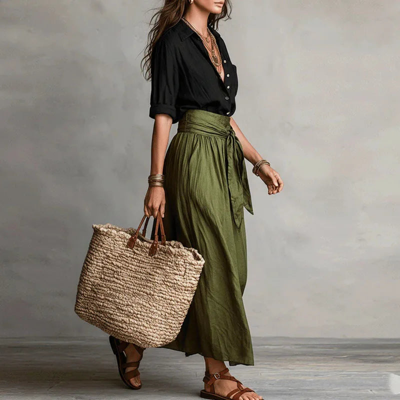 Women's Pointed Collar Waist Tie Summer Two Piece Set-Omni Prime Goods