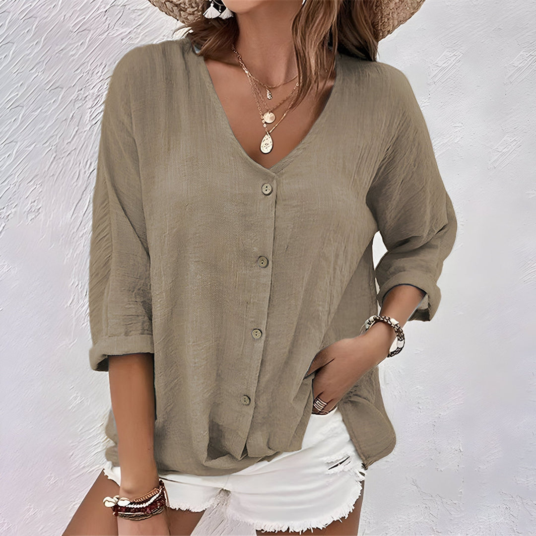Women's Rolled Sleeve V Neck Summer Blouse-Omni Prime Goods