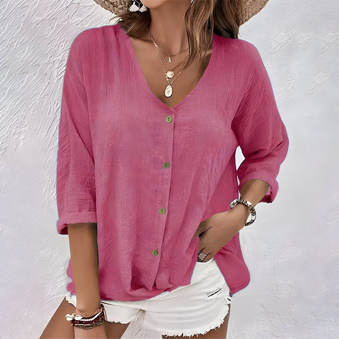 Women's Rolled Sleeve V Neck Summer Blouse-Omni Prime Goods