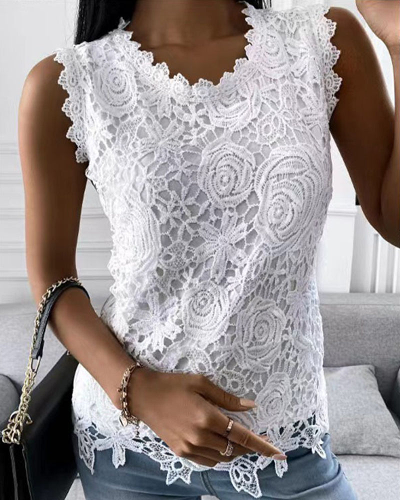 Women's Round Neck Sheer Floral Summer Top-Omni Prime Goods