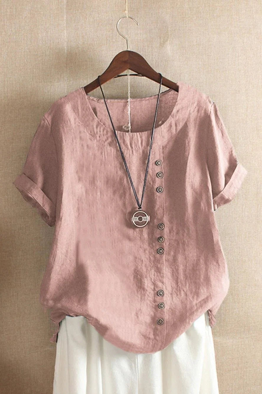 Women's Round Neck Short Sleeve Button Detail Top-Omni Prime Goods