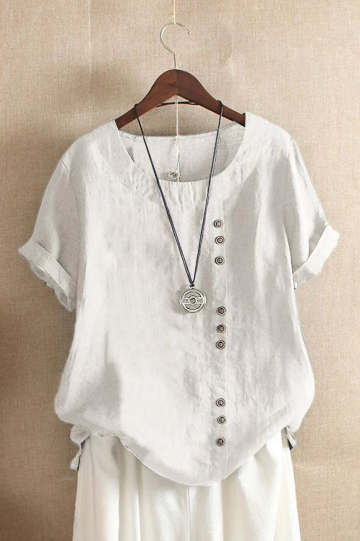 Women's Round Neck Short Sleeve Button Detail Top-Omni Prime Goods
