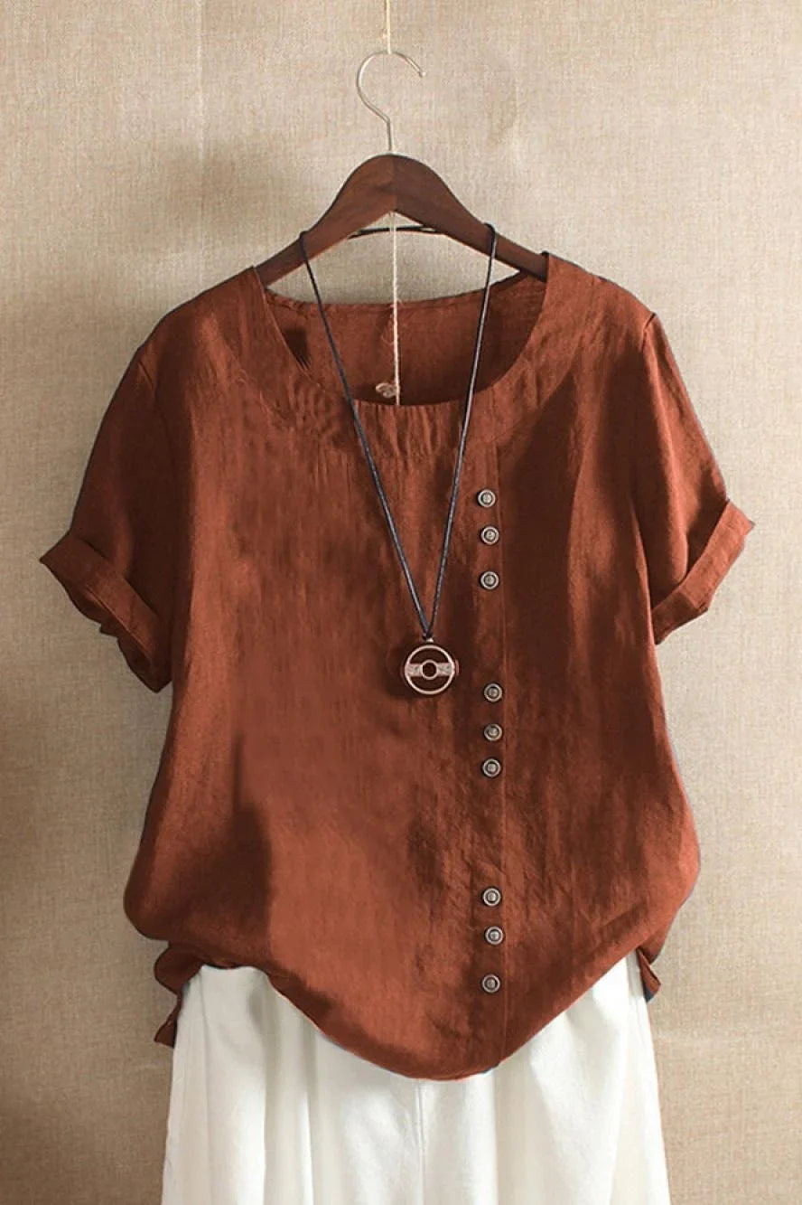 Women's Round Neck Short Sleeve Button Detail Top-Omni Prime Goods