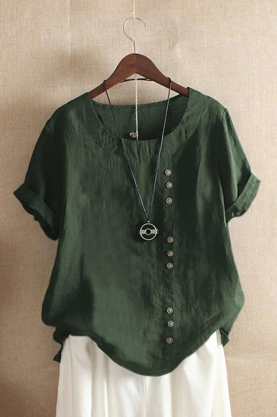 Women's Round Neck Short Sleeve Button Detail Top-Omni Prime Goods