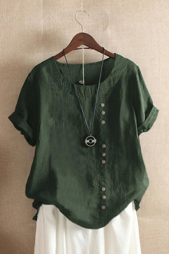 Women's Round Neck Short Sleeve Button Detail Top-Omni Prime Goods