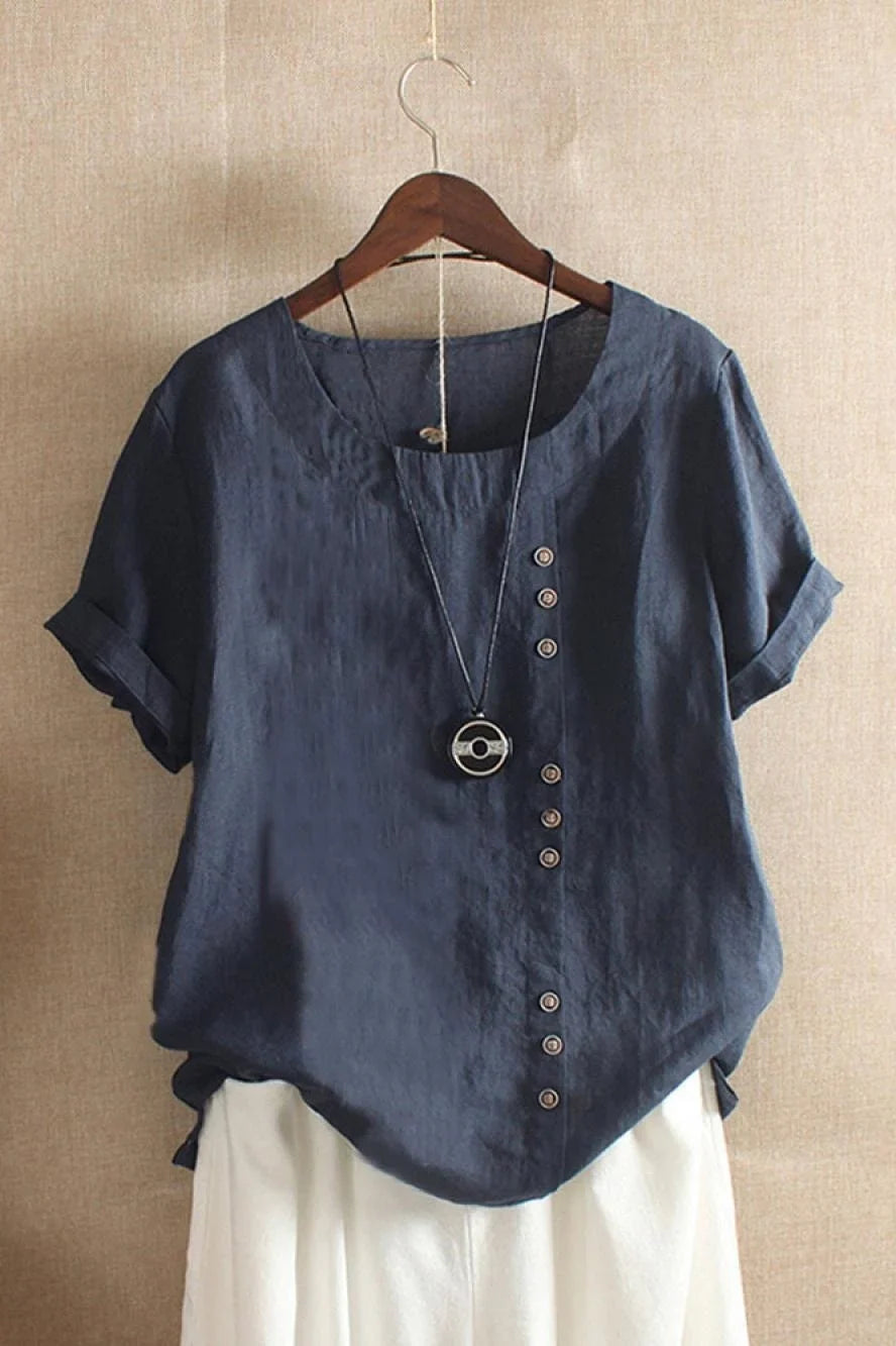 Women's Round Neck Short Sleeve Button Detail Top-Omni Prime Goods