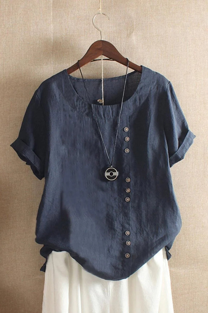 Women's Round Neck Short Sleeve Button Detail Top-Omni Prime Goods