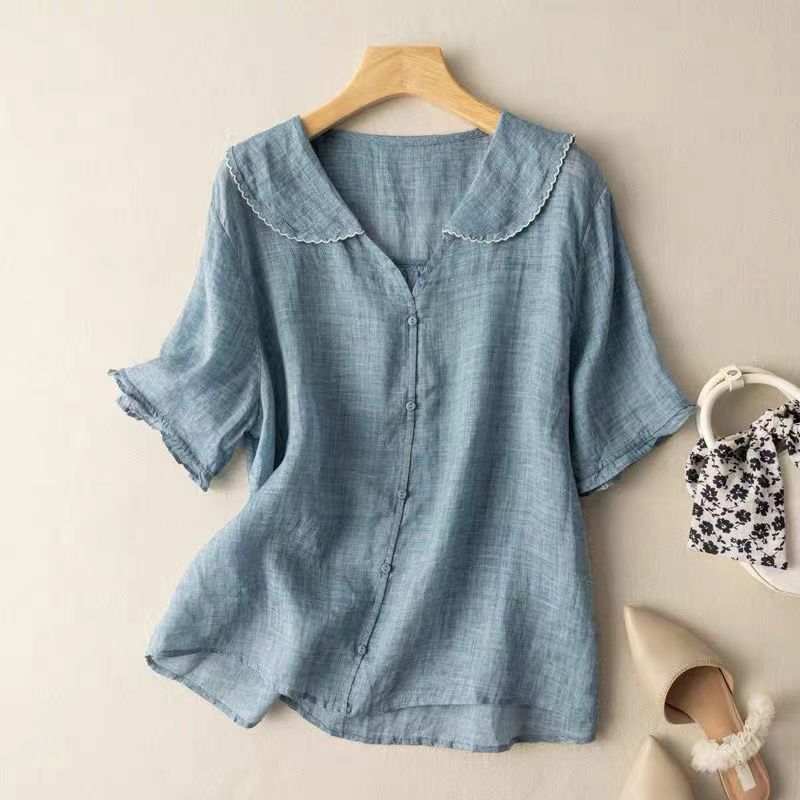 Women's Scalloped Collar V-Neck Ruffle Sleeve Blouse-Omni Prime Goods
