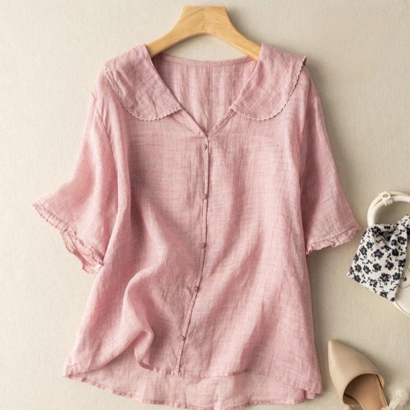 Women's Scalloped Collar V-Neck Ruffle Sleeve Blouse-Omni Prime Goods