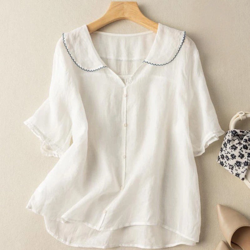 Women's Scalloped Collar V-Neck Ruffle Sleeve Blouse-Omni Prime Goods
