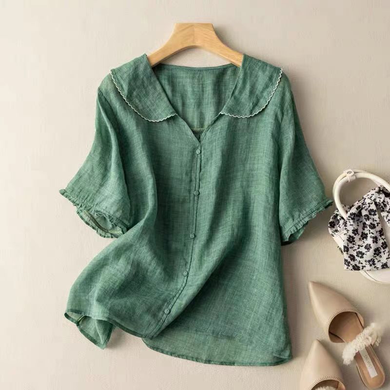 Women's Scalloped Collar V-Neck Ruffle Sleeve Blouse-Omni Prime Goods