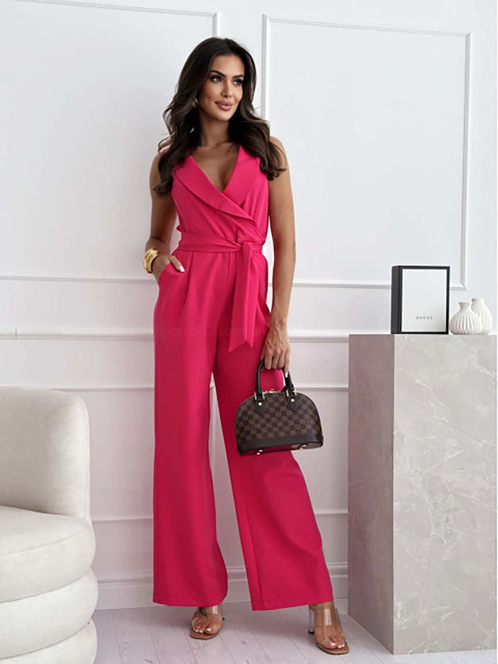 Women's Sleeveless V Neck Wide Leg Jumpsuit-Omni Prime Goods