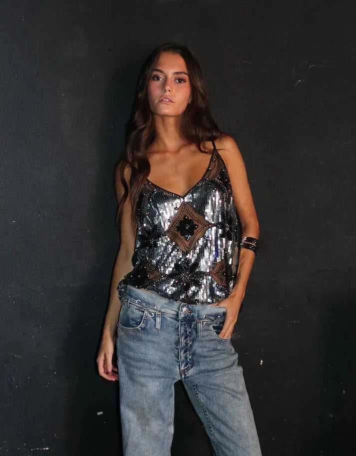 Women's Sparkly Sleeveless V Neck Sequin Top-Omni Prime Goods